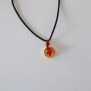 Handmade Red Bead Pendant Necklace Gold Accent Dark Brown Cord Adjustable Style